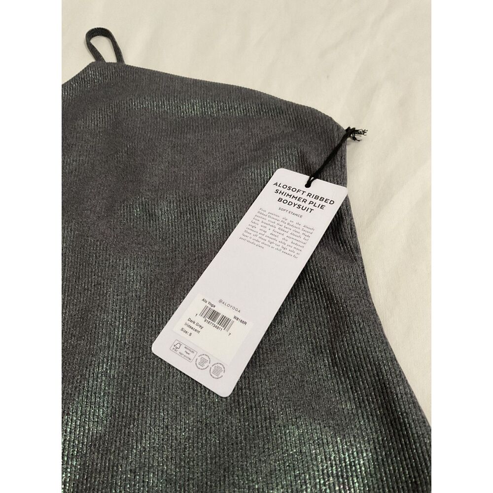 Alo Yoga Alosoft Ribbed Shimmer Bodysuit Dark Grey Iridescent Size S NWT - Picture 8 of 8